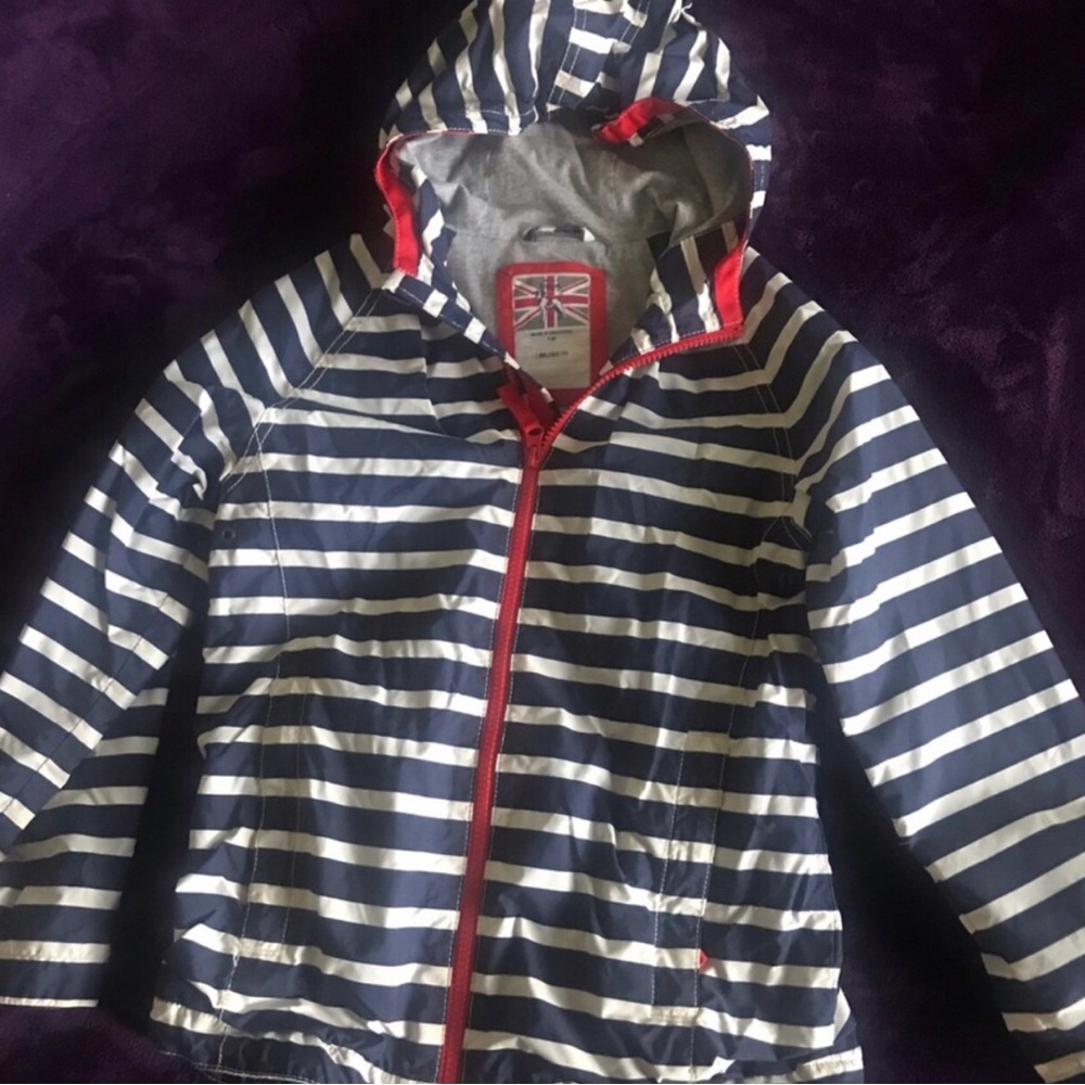 Mini Boden Kids Navy & White Striped Hooded Jacket with Red Trim NWOT Size 7-8y